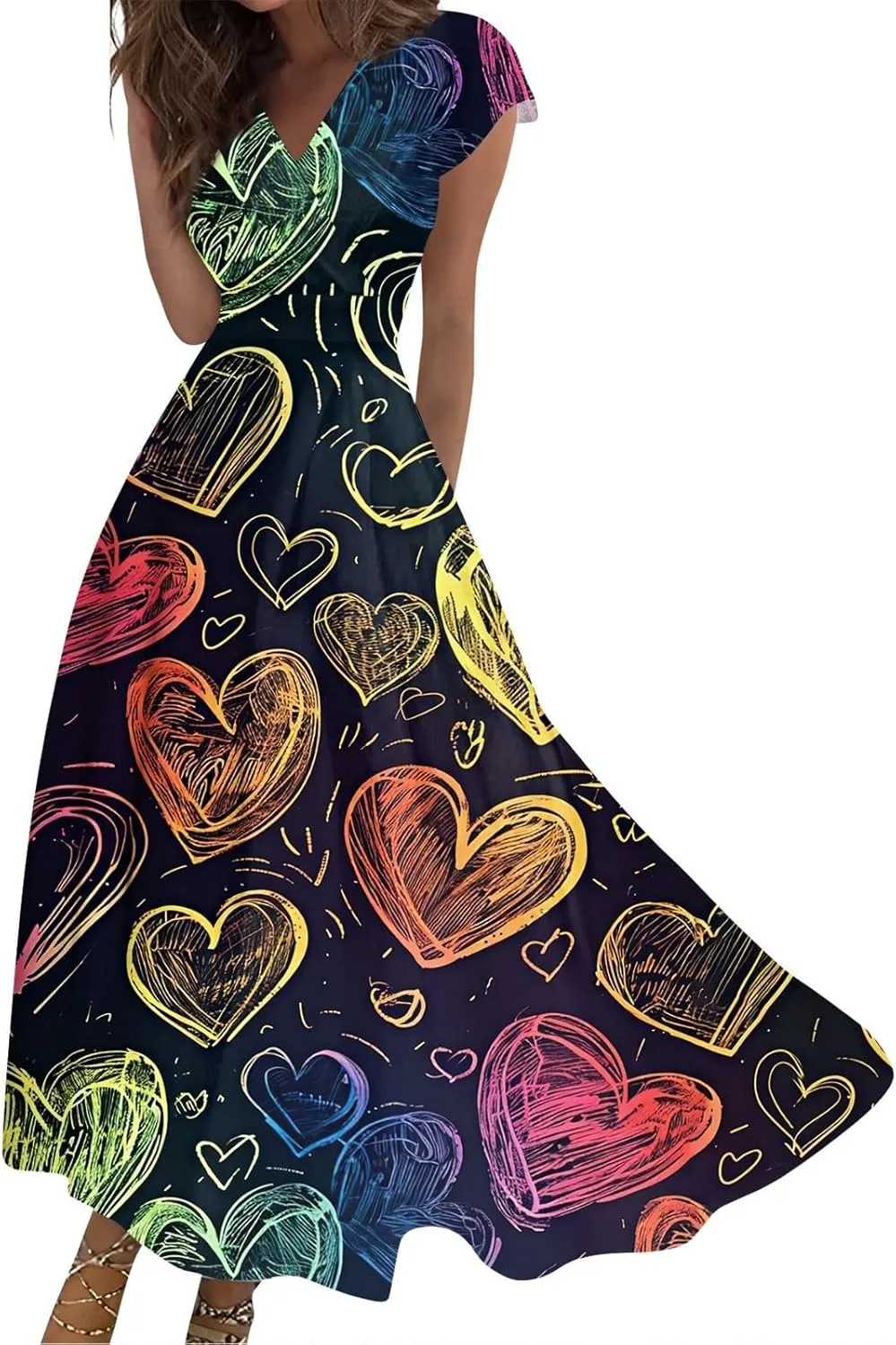 Women's Long Casual Dress Spring Summer Short Sleeve V-Neck Waist Retraction Printed Dress Fashion