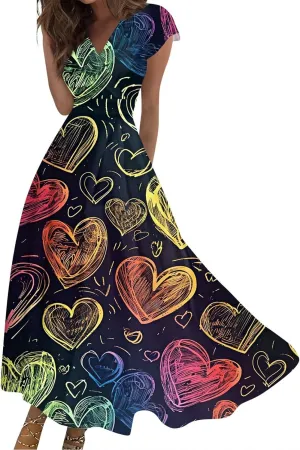 Women's Long Casual Dress Spring Summer Short Sleeve V-Neck Waist Retraction Printed Dress Fashion
