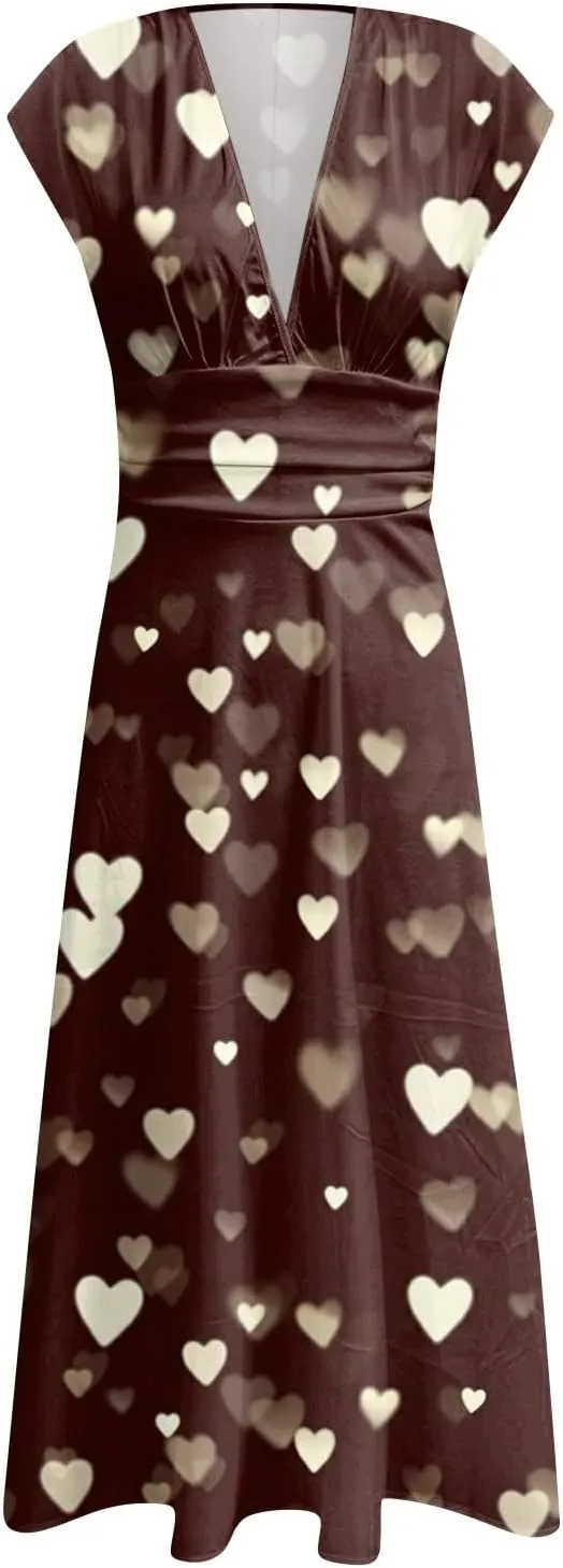 Women's Long Casual Dress Spring Summer Short Sleeve V-Neck Waist Retraction Printed Dress Fashion