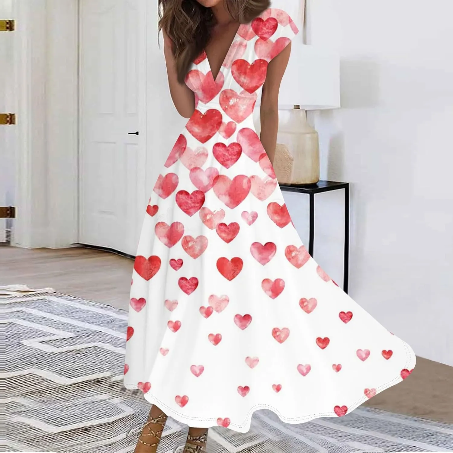Women's Long Casual Dress Spring Summer Short Sleeve V-Neck Waist Retraction Printed Dress Fashion