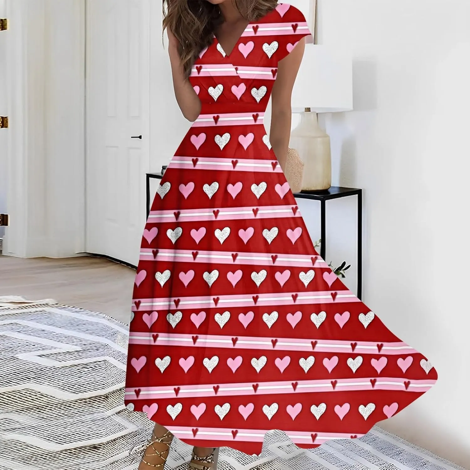 Women's Long Casual Dress Spring Summer Short Sleeve V-Neck Waist Retraction Printed Dress Fashion