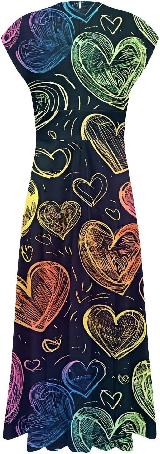 Women's Long Casual Dress Spring Summer Short Sleeve V-Neck Waist Retraction Printed Dress Fashion