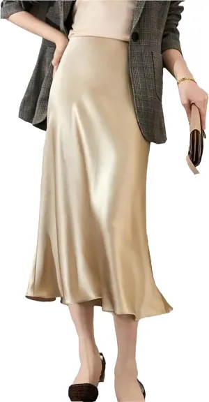 Women's Long Satin Skirt High Waist Autumn Office A-Line Solid Vintage Silk Midi Skirt
