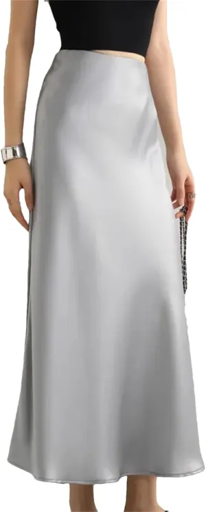 Women's Long Satin Skirt High Waist Autumn Office A-Line Solid Vintage Silk Midi Skirt