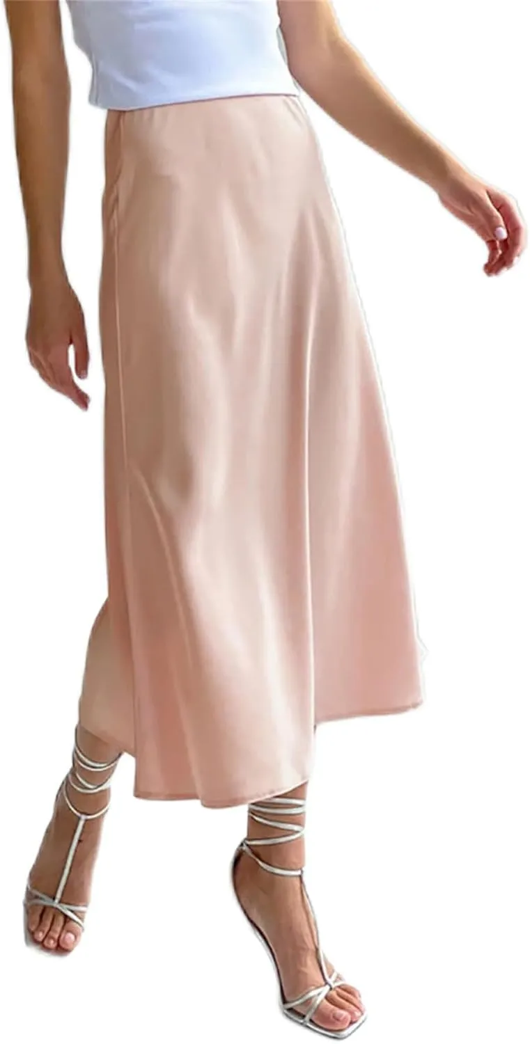 Women's Long Satin Skirt High Waist Autumn Office A-Line Solid Vintage Silk Midi Skirt