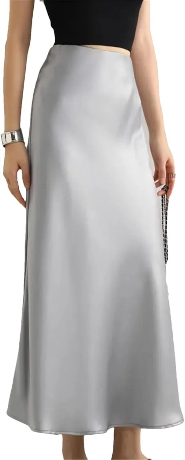 Women's Long Satin Skirt High Waist Autumn Office A-Line Solid Vintage Silk Midi Skirt