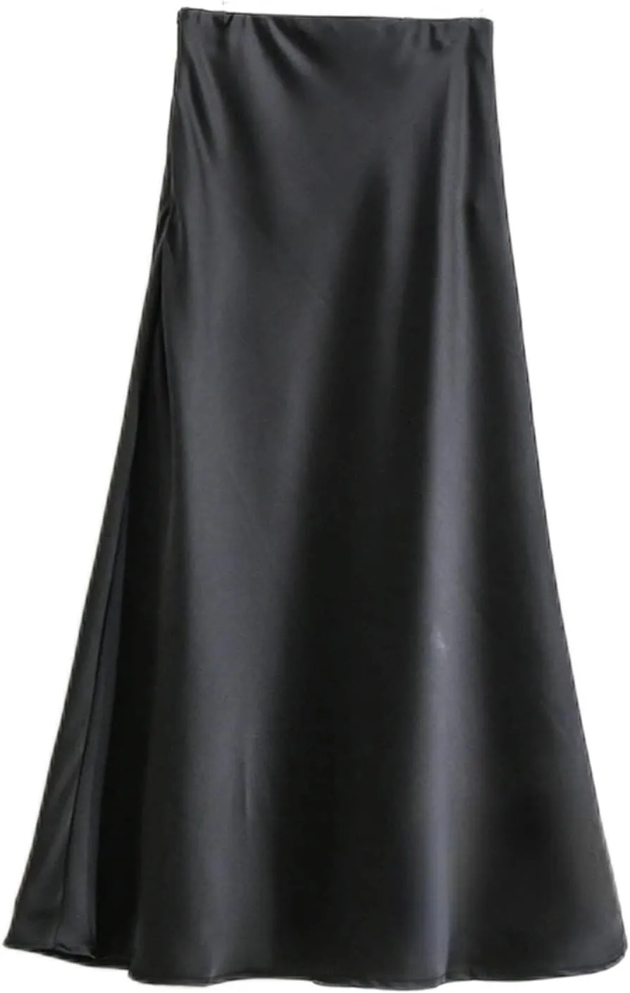 Women's Long Skirt Fashion Satin Skirt Office Lady Elastic Waist Solid Silk A-LINE Skirt