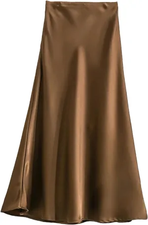 Women's Long Skirt Fashion Satin Skirt Office Lady Elastic Waist Solid Silk A-LINE Skirt