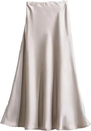 Women's Long Skirt Fashion Satin Skirt Office Lady Elastic Waist Solid Silk A-LINE Skirt