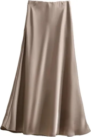 Women's Long Skirt Fashion Satin Skirt Office Lady Elastic Waist Solid Silk A-LINE Skirt