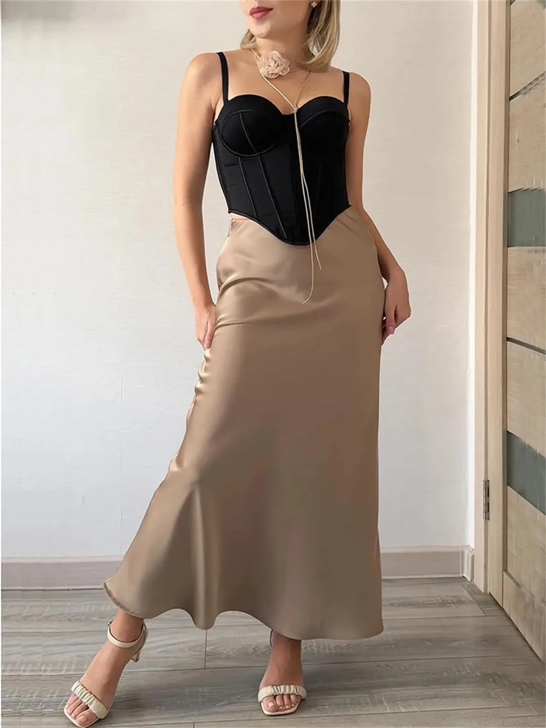 Women's Long Skirt Fashion Satin Skirt Office Lady Elastic Waist Solid Silk A-LINE Skirt