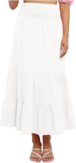 Women's Long Skirts A Line Summer Maxi Skirts High Waisted Tiered Boho Flowy Skirts Beach Vacation Casual Skirts