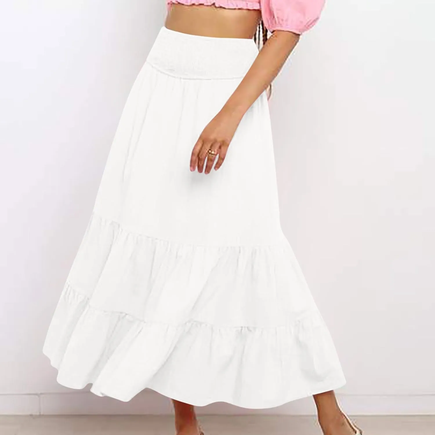 Women's Long Skirts A Line Summer Maxi Skirts High Waisted Tiered Boho Flowy Skirts Beach Vacation Casual Skirts