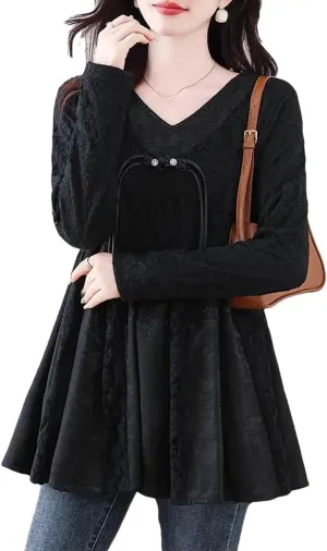 Women's Loose Lace Peplum Shirts Vintage Tunic Tops Blouses