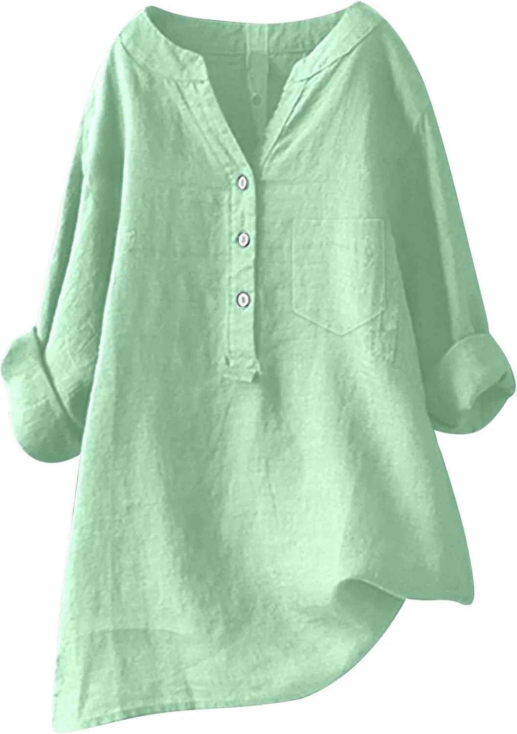 Womens Loose Plain Cotton Linen Solid Collar Button Long Sleeve Blouse