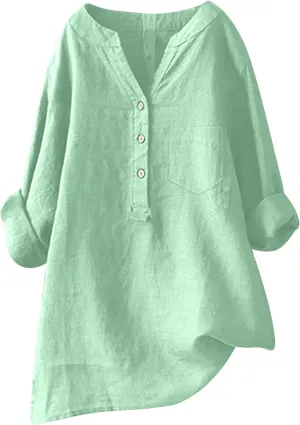 Womens Loose Plain Cotton Linen Solid Collar Button Long Sleeve Blouse