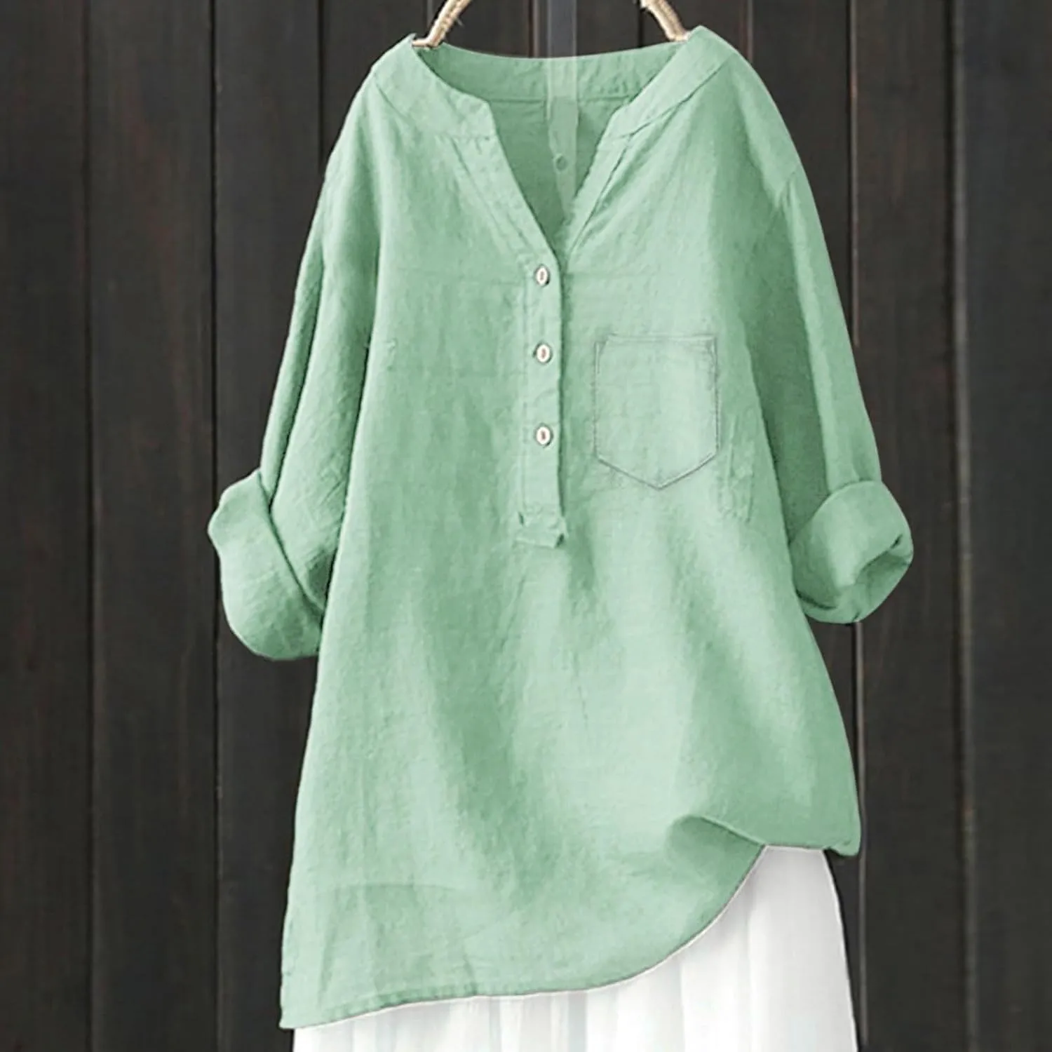 Womens Loose Plain Cotton Linen Solid Collar Button Long Sleeve Blouse