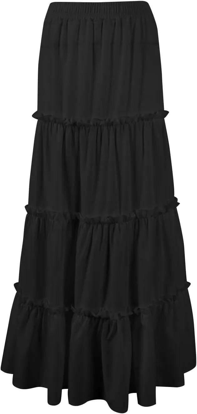Womens Maxi Skirt Boho Tiered Long Skirts Summer Trendy A Line Ruffle Maxi Skirts Casual Resort Wear with Pockets