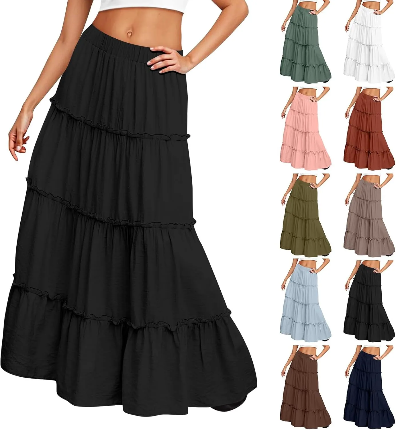 Womens Maxi Skirt Boho Tiered Long Skirts Summer Trendy A Line Ruffle Maxi Skirts Casual Resort Wear with Pockets