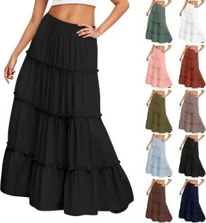 Womens Maxi Skirt Boho Tiered Long Skirts Summer Trendy A Line Ruffle Maxi Skirts Casual Resort Wear with Pockets