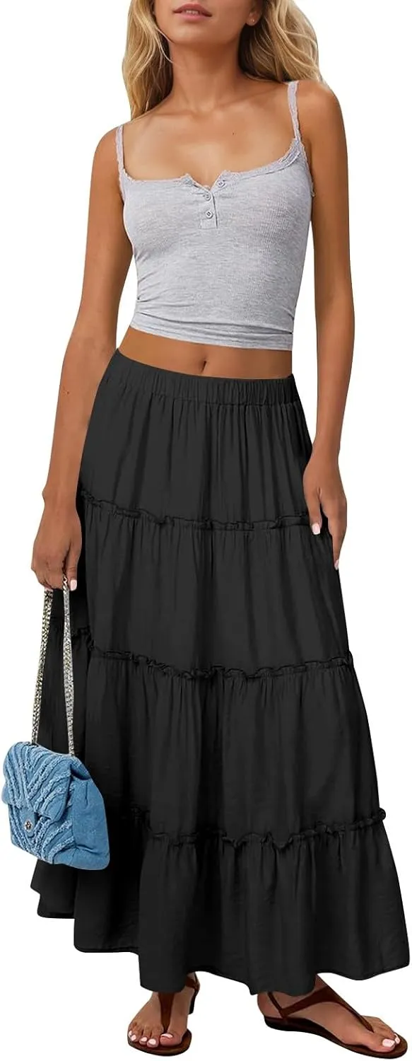 Womens Maxi Skirt Boho Tiered Long Skirts Summer Trendy A Line Ruffle Maxi Skirts Casual Resort Wear with Pockets