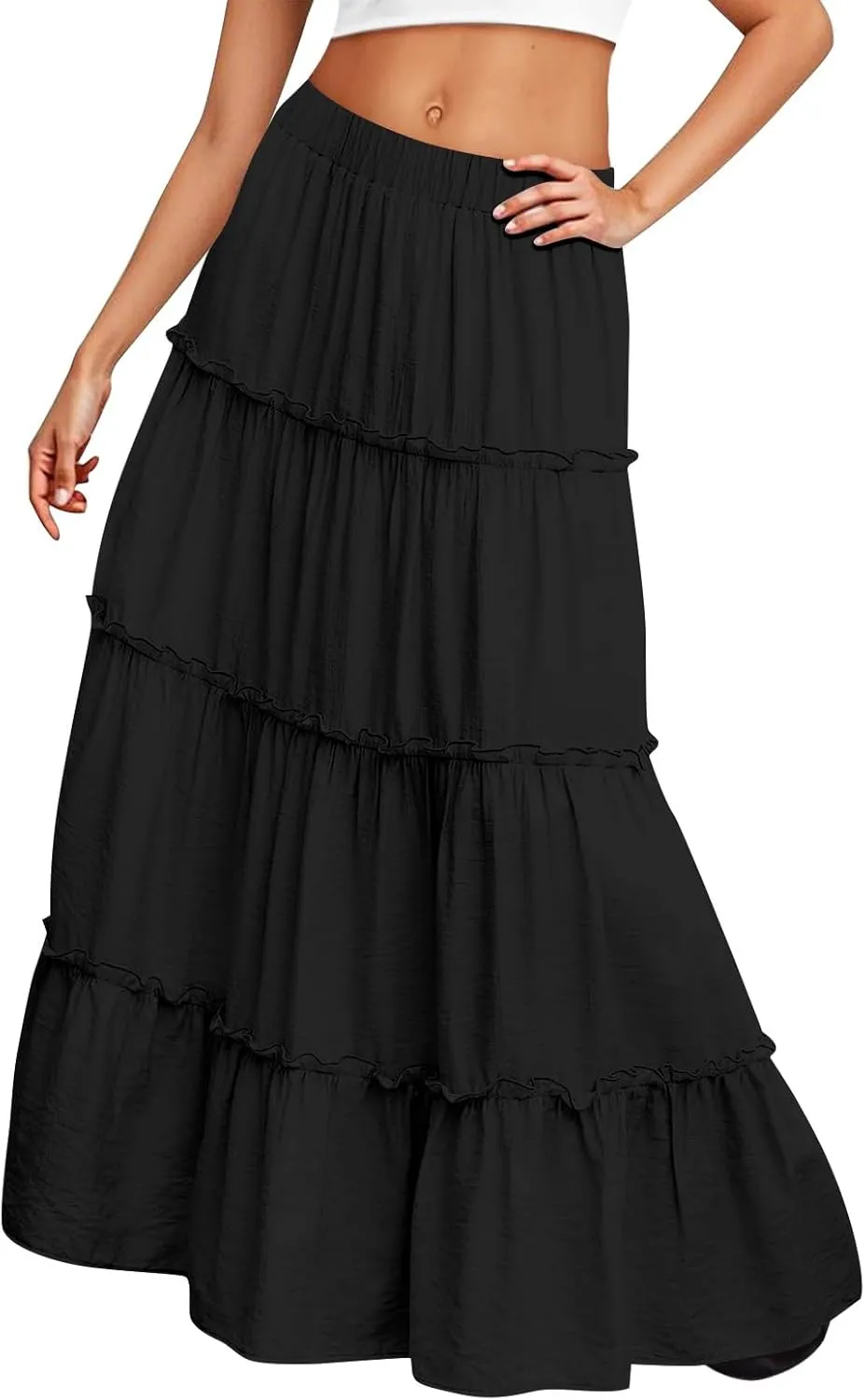 Womens Maxi Skirt Boho Tiered Long Skirts Summer Trendy A Line Ruffle Maxi Skirts Casual Resort Wear with Pockets