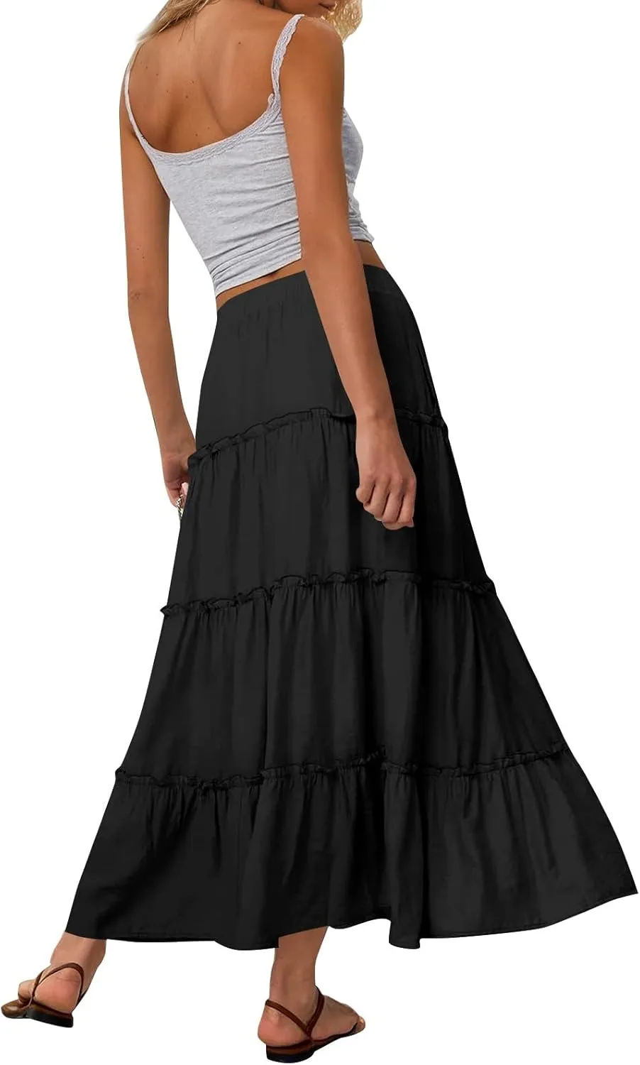 Womens Maxi Skirt Boho Tiered Long Skirts Summer Trendy A Line Ruffle Maxi Skirts Casual Resort Wear with Pockets