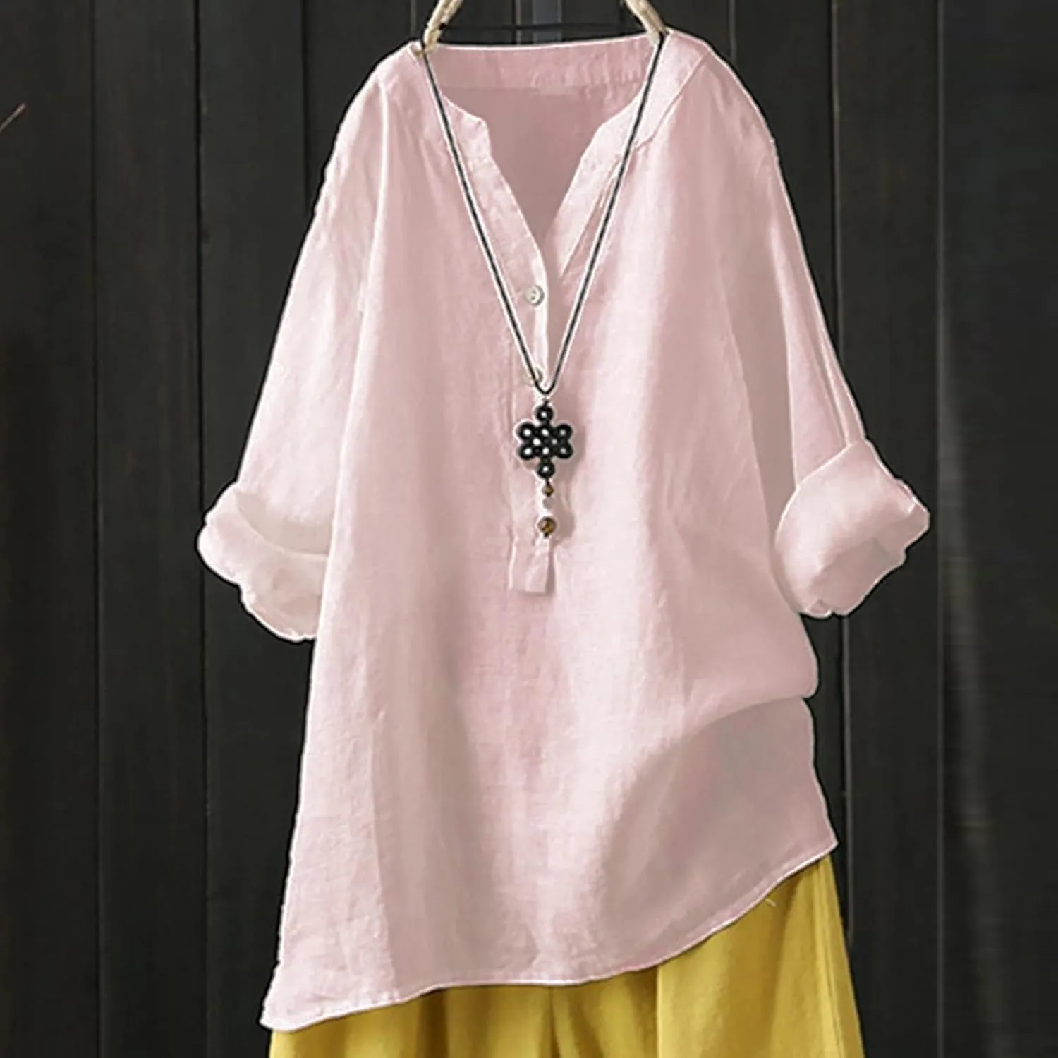 Womens Plus Size Button Down Shirt Trendy Fashion 3/4 Sleeve Crewneck Spaghetti Strap Tunic Top