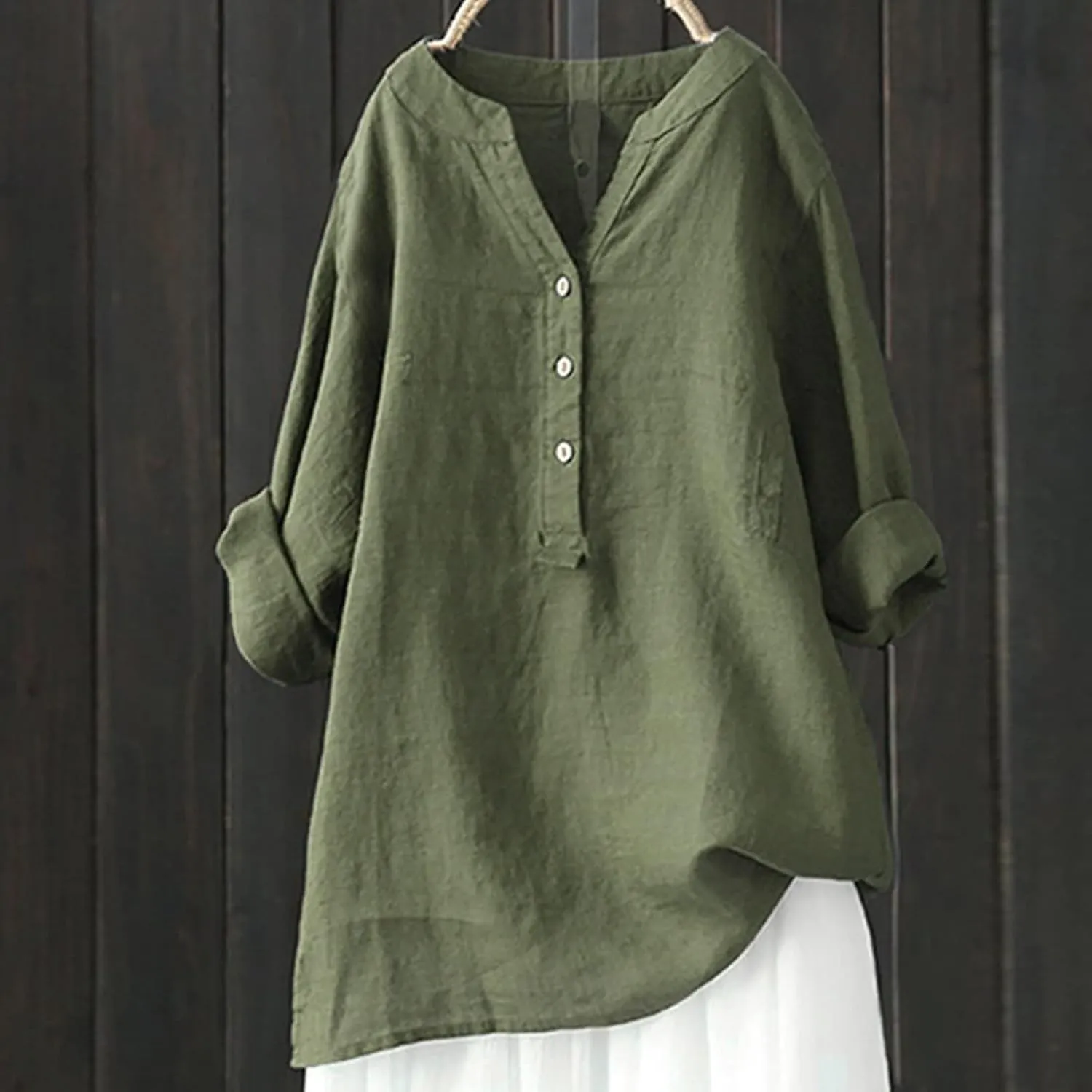 Womens Plus Size Button Down Shirt Trendy Fashion 3/4 Sleeve Crewneck Spaghetti Strap Tunic Top