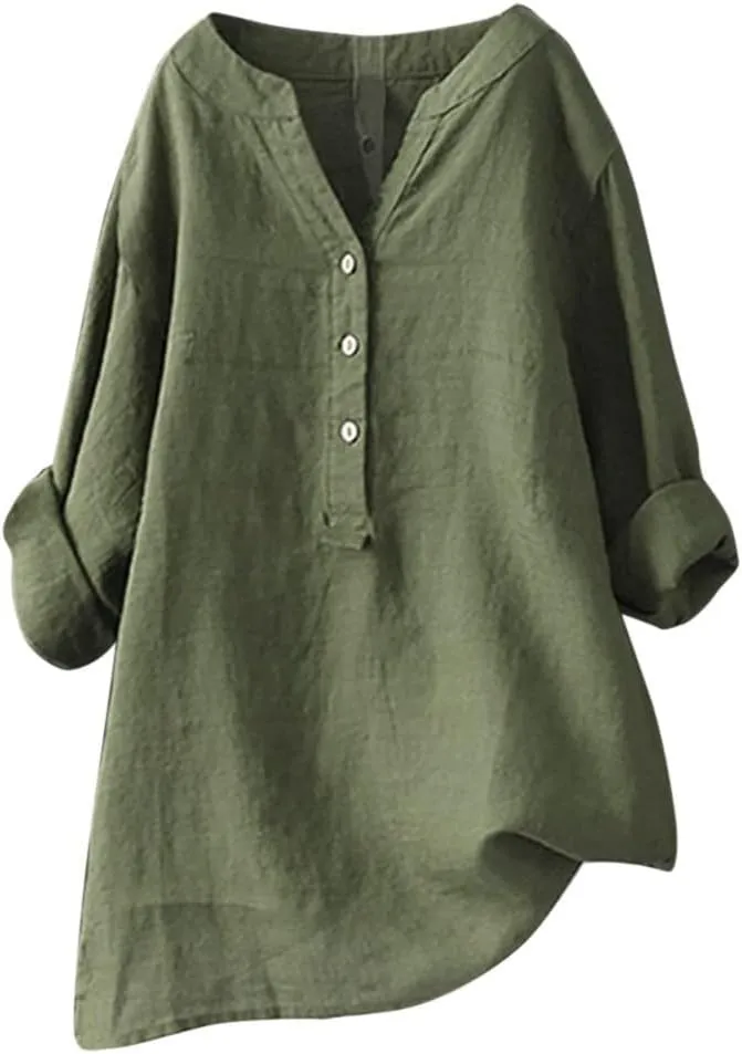 Womens Plus Size Button Down Shirt Trendy Fashion 3/4 Sleeve Crewneck Spaghetti Strap Tunic Top