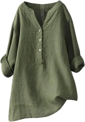 Womens Plus Size Button Down Shirt Trendy Fashion 3/4 Sleeve Crewneck Spaghetti Strap Tunic Top