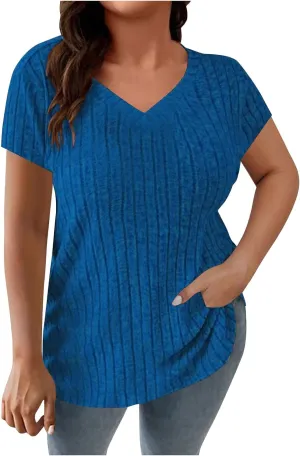 Women's Plus Size Tops Short Sleeve V Neck T Shirts Casual Loose Blouses Tunic Soft Comfortable Summer Tops