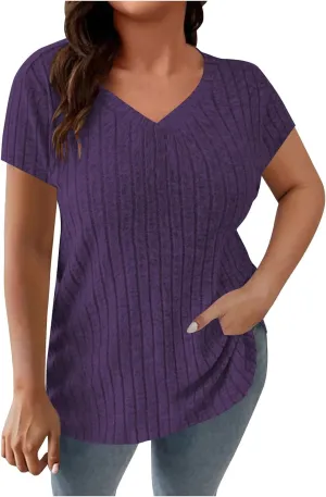 Women's Plus Size Tops Short Sleeve V Neck T Shirts Casual Loose Blouses Tunic Soft Comfortable Summer Tops