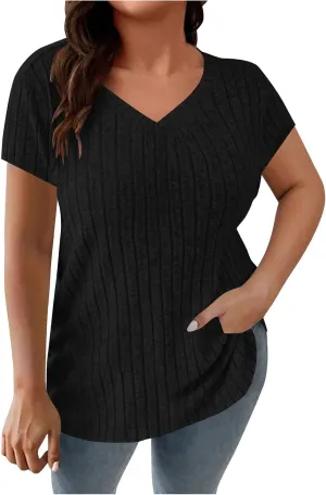 Women's Plus Size Tops Short Sleeve V Neck T Shirts Casual Loose Blouses Tunic Soft Comfortable Summer Tops