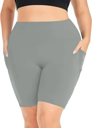 Womens Plus Size Tummy Control Biker Shorts Summer Soft Comfy Sports Workout High Waist Gym Yoga Shorts with Pockets