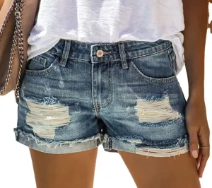 Women's Ripped Denim Shorts Summer Casual Jean Shorts High Waisted Buttons Shorts Lightweight Breathable Shorts