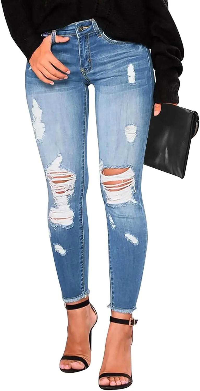 Women's Ripped Jeans Stretch Skinny Jean Trendy Straight Leg Jeans with Holes