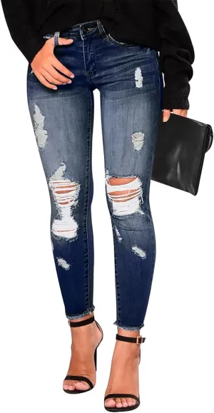 Women's Ripped Jeans Stretch Skinny Jean Trendy Straight Leg Jeans with Holes