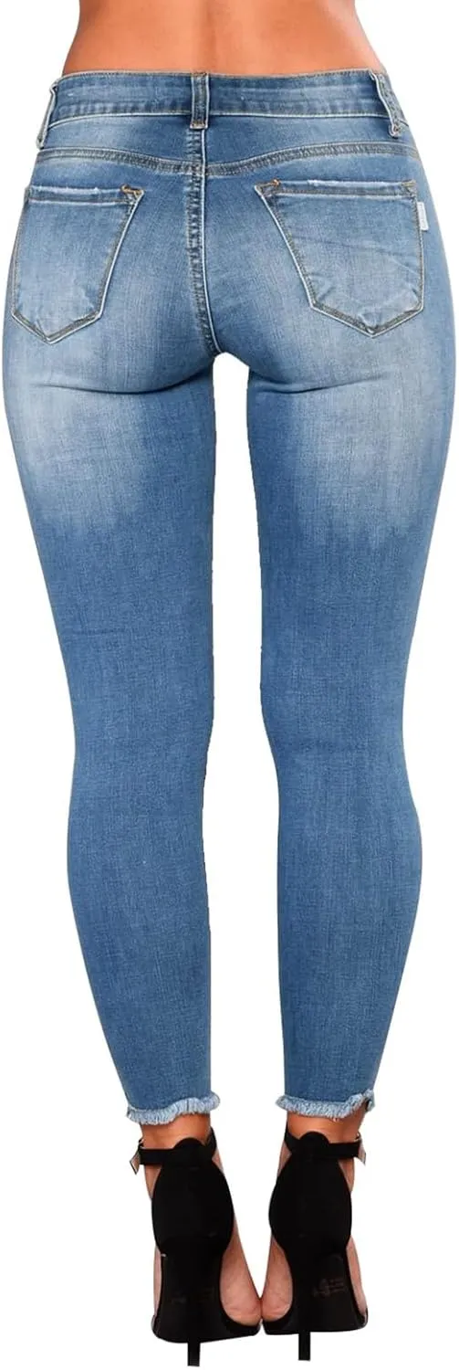 Women's Ripped Jeans Stretch Skinny Jean Trendy Straight Leg Jeans with Holes