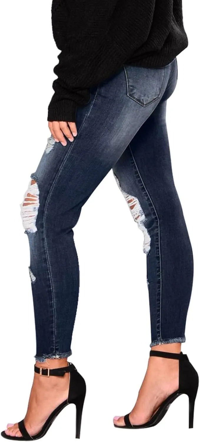 Women's Ripped Jeans Stretch Skinny Jean Trendy Straight Leg Jeans with Holes
