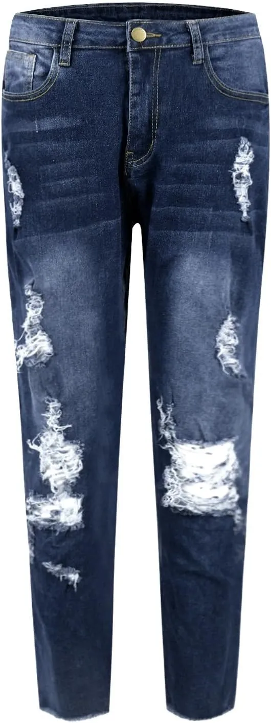 Women's Ripped Jeans Stretch Skinny Jean Trendy Straight Leg Jeans with Holes