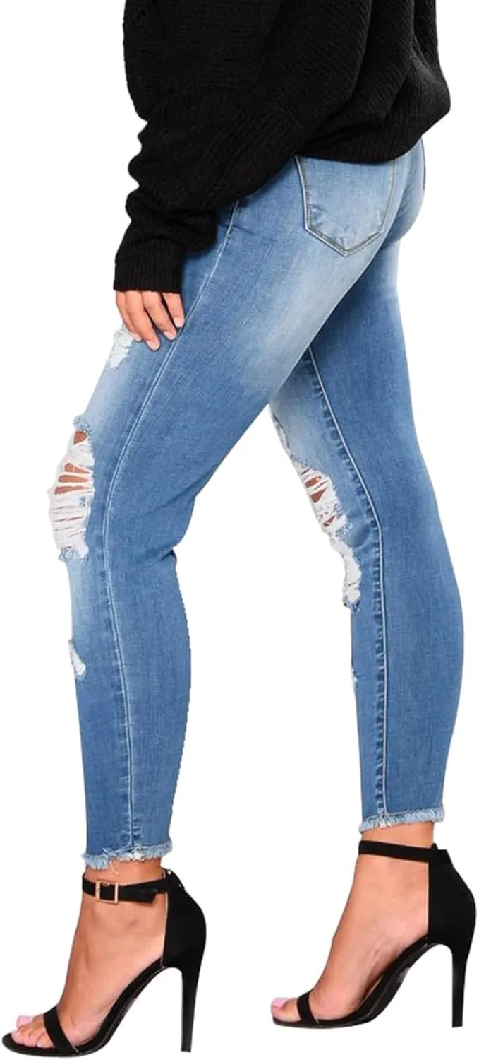 Women's Ripped Jeans Stretch Skinny Jean Trendy Straight Leg Jeans with Holes