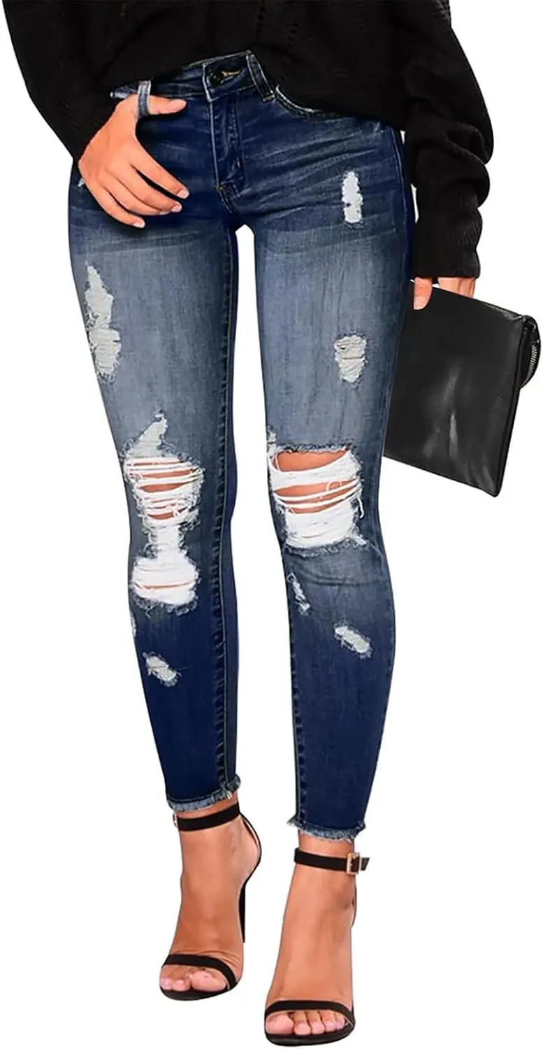 Women's Ripped Jeans Stretch Skinny Jean Trendy Straight Leg Jeans with Holes