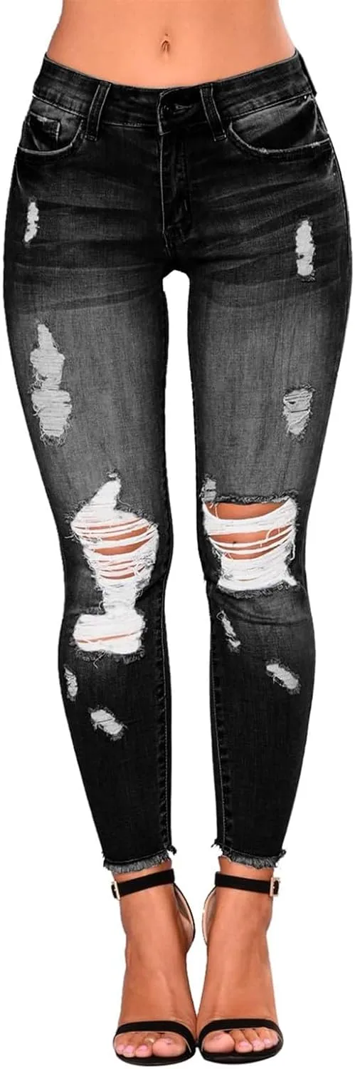 Women's Ripped Jeans Stretch Skinny Jean Trendy Straight Leg Jeans with Holes