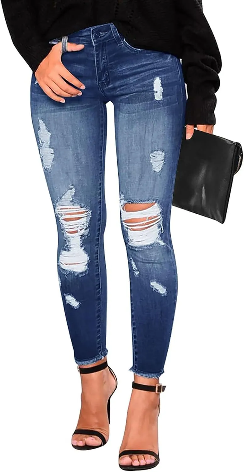 Women's Ripped Jeans Stretch Skinny Jean Trendy Straight Leg Jeans with Holes