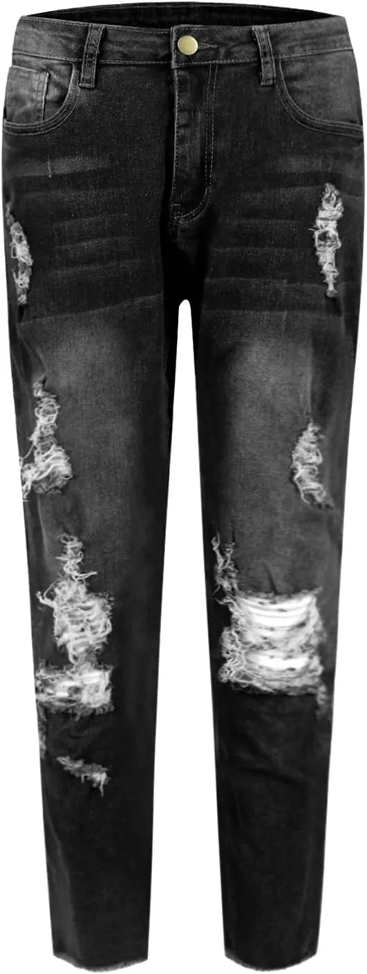 Women's Ripped Jeans Stretch Skinny Jean Trendy Straight Leg Jeans with Holes