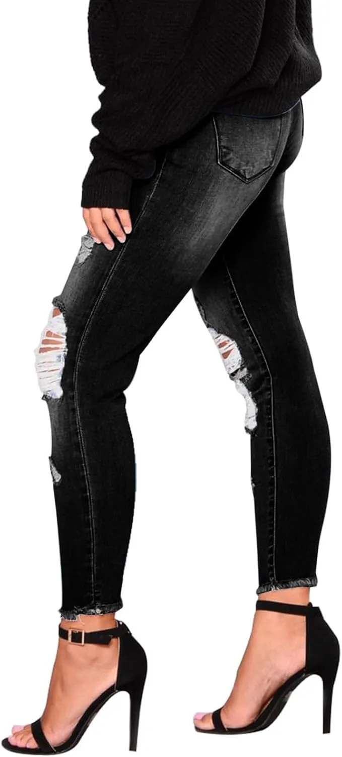 Women's Ripped Jeans Stretch Skinny Jean Trendy Straight Leg Jeans with Holes