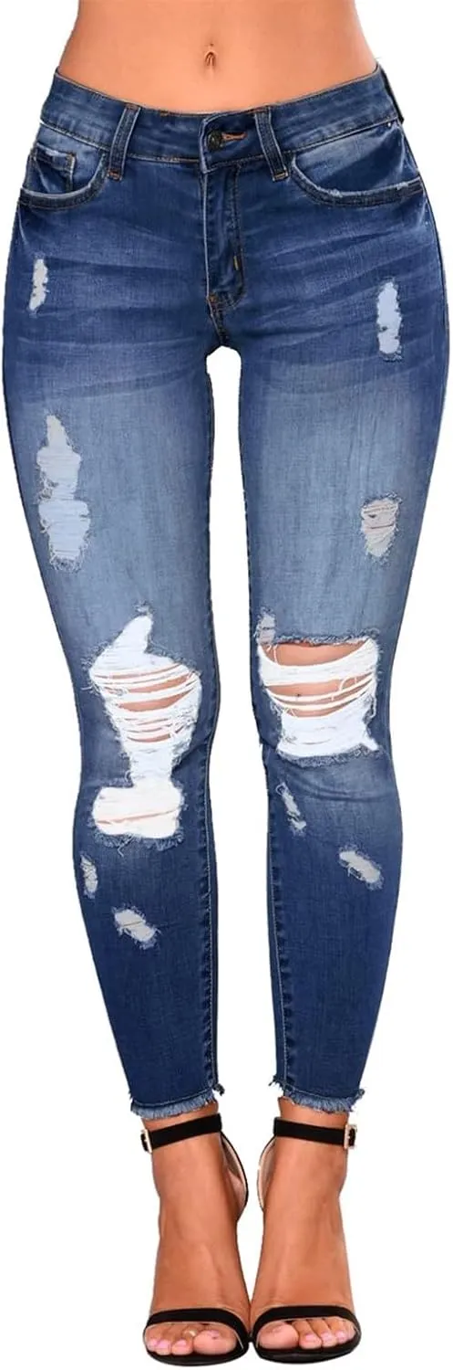 Women's Ripped Jeans Stretch Skinny Jean Trendy Straight Leg Jeans with Holes