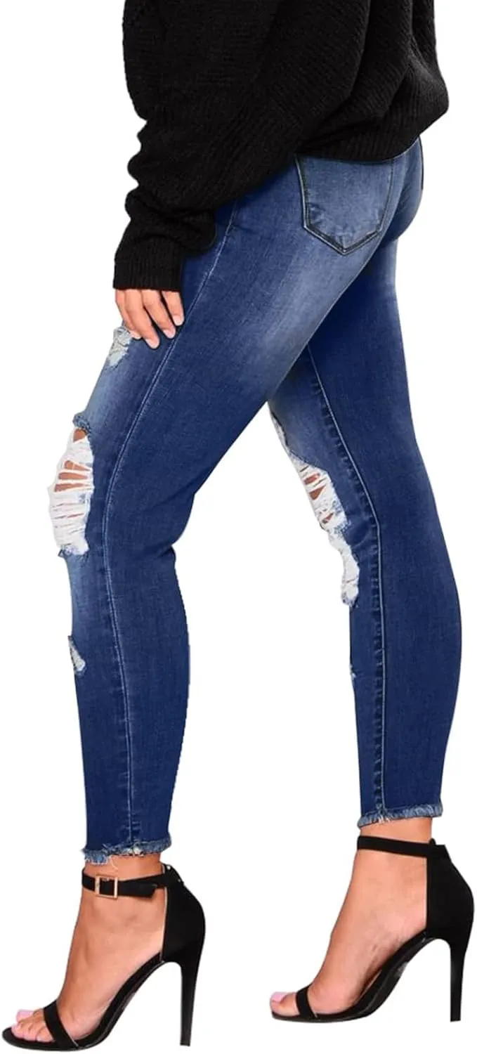 Women's Ripped Jeans Stretch Skinny Jean Trendy Straight Leg Jeans with Holes