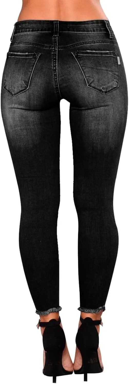 Women's Ripped Jeans Stretch Skinny Jean Trendy Straight Leg Jeans with Holes